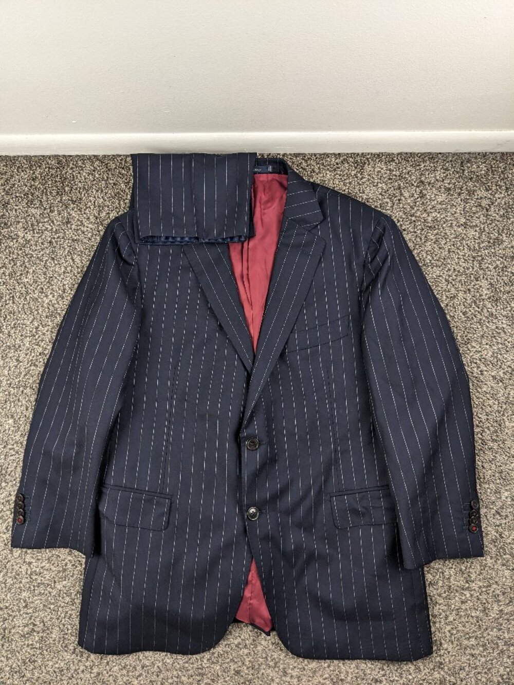 Bespoke SuitSupply 42S Suit Italian Super 110s Wool Pinstripe Navy Blue 36x25